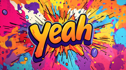 Bold, colorful graffiti-style text spells "yeah" on a vibrant spray-painted background. Concept of excitement and positivity. For use in graphic design projects.