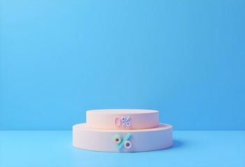 Stage podium vector illustration. Round pedestal with percentage and flash icons with wind effect on blue background. Discount offer, sale template