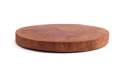 Wood tree circle stump platform podium on white background. Minimal empty display product presentation scene.