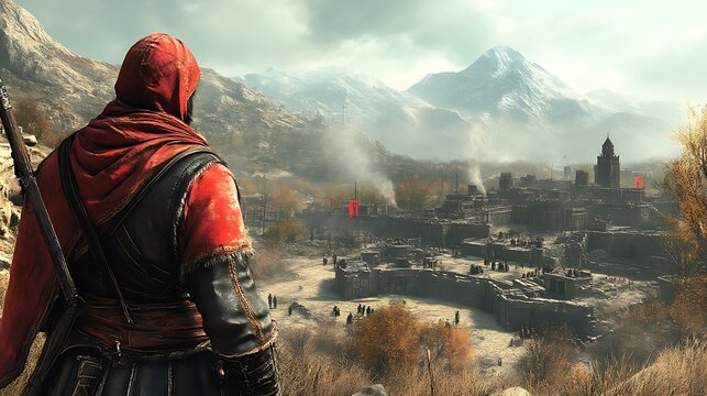 Hooded Figure Observes Mountainous Cityscape