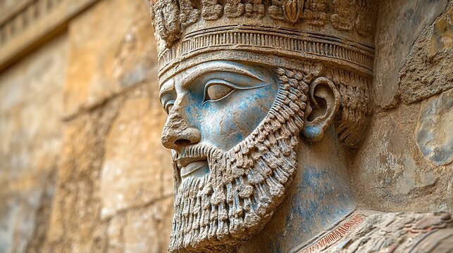 Ancient mesopotamian stone relief of bearded king in detailed crown