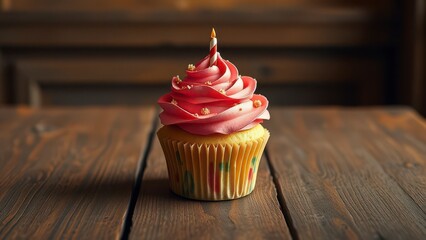 A beautifully styled birthday cupcake on a vintage wooden table with distressed finishes and a warm light background , nostalgic feel, birthday cupcake, antique decor