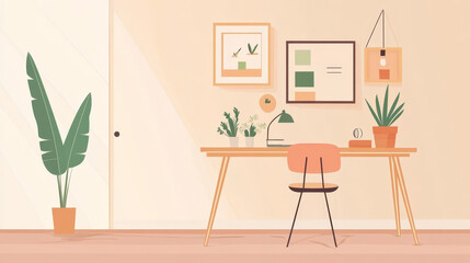 A modern home office with a sleek, minimalist design. A smooth wooden desk serves as the focal point, adorned with carefully chosen decorative items such as a small vase, a lamp, and a few books. 