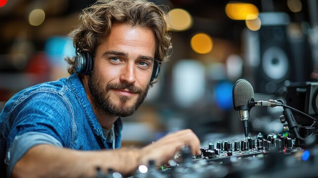 A man with headphones mixes music at a DJ booth, surrounded by equipment and soft lights.