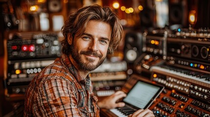 A man with long hair smiles while working on music equipment in a studio.