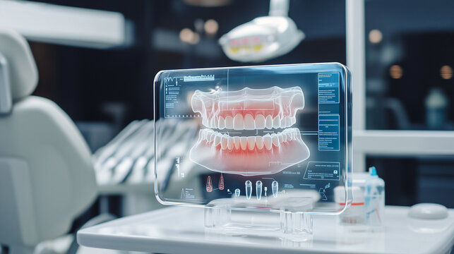 Dental diagnosis technology: A modern dental clinic features a 3D teeth model, showcasing advanced imaging technology for precise treatment planning.