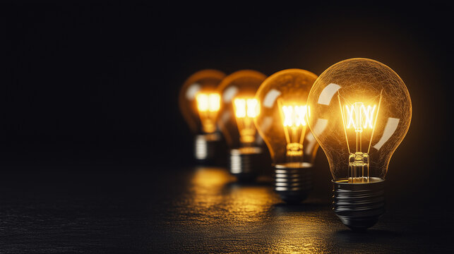 
Innovation and creativity concept: A row of glowing light bulbs on a dark background, symbolizing the emergence of ideas and the power of thinking in business and technology.