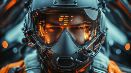 Fototapeta premium Closeup of airforce pilot's helmet with hud display cockpit environment futuristic perspective