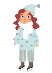 Cute girl in retro winter clothes on skates. Pastel illustration in naive style.Christmas cute design background.