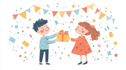 Kids birthday party invitation banners. Girl receive gift from boy. Little child in festive hat hold present with confetti and garlands around. Children event celebration flyer, Cartoon vector posters