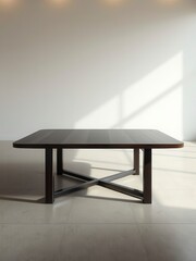 Dark wood coffee table with metal legs and a glass top, modern living room, minimalist decor, dark wood tones