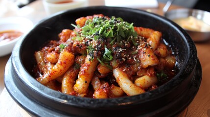 Fototapeta premium Spicy Korean Rice Cakes with Herbs and Seasoning in a Bowl