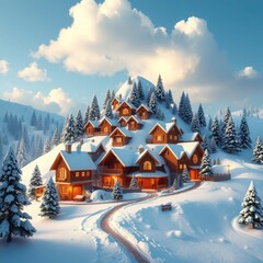 Naklejka premium Festive wooden Christmas village on a snowy hillside, wooden houses, wooden fence, holiday decorations