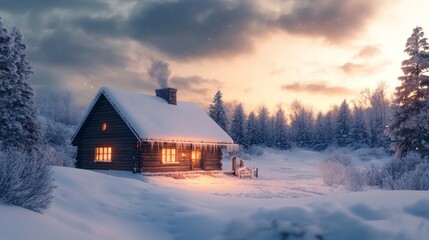 Cozy Winter Cabin in Snowy Landscape at Sunset with Warm Glow