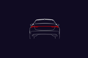 Naklejka premium Linear silhouette of a modern car, rear view in white light lines and rear red lights, on a blue background. Vector illustration in automotive technology concept