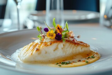 Gourmet Pan-Seared Fish Dish with Floral Garnish