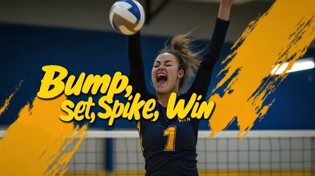 A female volleyball player celebrates a winning spike.