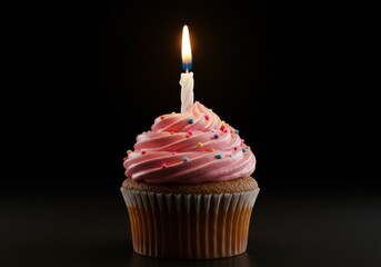 A birthday cupcake with one lit candle on top, decorated with colorful frosting and sprinkles
