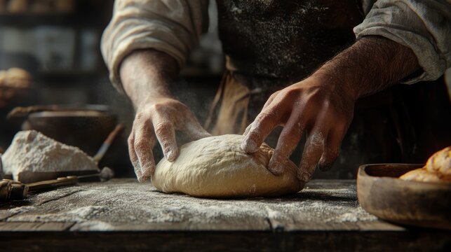 Baker shaping dough on wooden table.