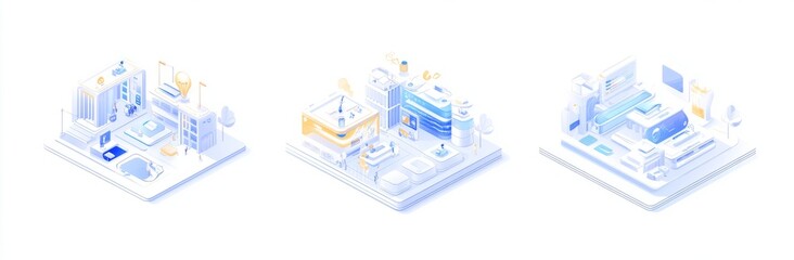 Illustrations showcasing self-improvement where characters engage in online education, utilizing laptops and smartphones to boost their abilities. The theme encompasses self-learning, remote