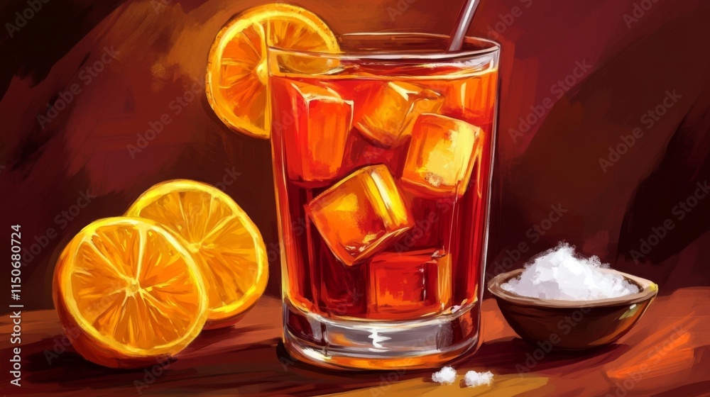 Poster Refreshing Cocktail with Ice Cubes and Citrus Garnish on Table