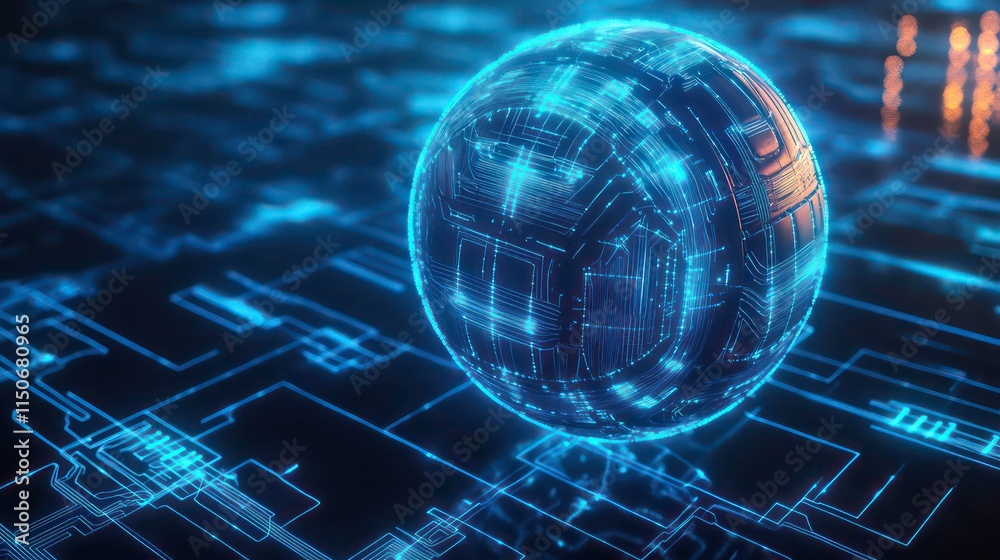 Poster futuristic glowing sphere on a circuit board.