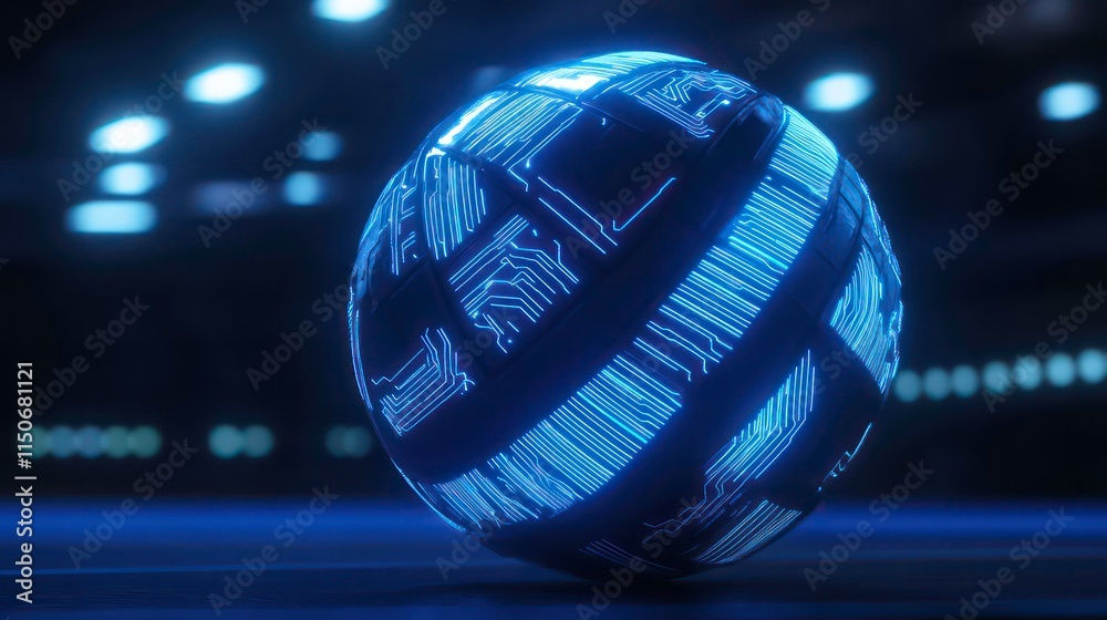 Poster futuristic glowing sphere with circuit board design.