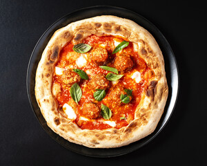 top view pizza with meatballs on black background