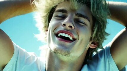 Carefree summer joy: young man laughing under clear sky in natural light
