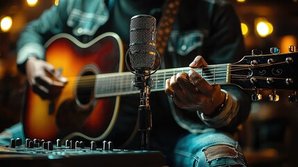 Fototapeta premium A musician playing an acoustic guitar in a cozy, illuminated setting.