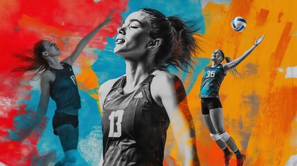 Naklejka premium Dynamic female volleyball players in action, vibrant artistic collage.
