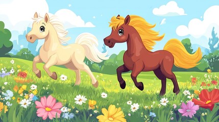 Two cartoon horses run happily in a vibrant flowery meadow under a sunny sky.