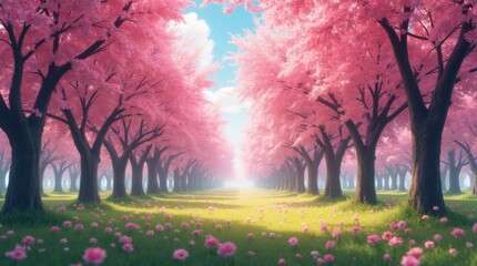 Naklejka premium grove of blossom trees in full bloom, creating a stunning landscape filled with vibrant colors and a sense of tranquility
