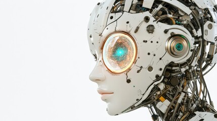 Fototapeta premium A 3D depiction of an AI robot head showcasing the interior digital brain engine, isolated on a white background with a clipping path. Stock