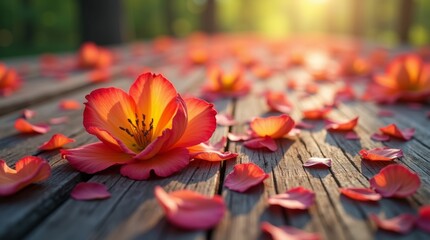 scattered flower petals on a wooden surface