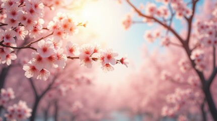 Naklejka premium tree branches in full bloom, showcasing a stunning array of blossoms swaying gently in the breeze under a bright sun