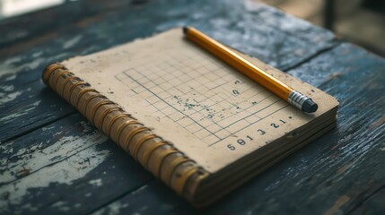 Old notebook with grid and pencil on rustic wooden table.