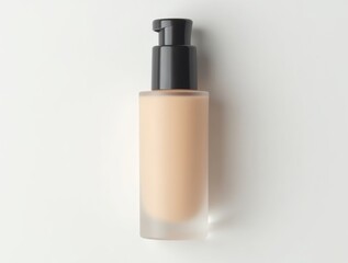 Minimalist flat lay of a light foundation bottle on a clean white background, featuring sleek packaging and soft light, highlighting lightweight beauty and smooth skin.