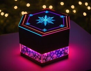 A beautifully designed hexagonal gift box with vibrant neon snowflake patterns, radiating festive...