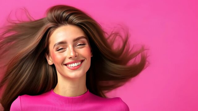 Joyful hair movement: smiling woman flips her long hair against vibrant pink background