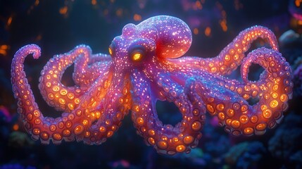 A vibrant, glowing octopus swimming in a colorful underwater environment.