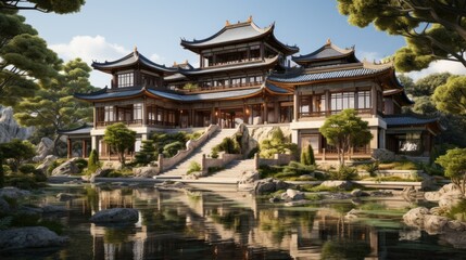 Naklejka premium Serene Asian Estate: A Digital Masterpiece of Architectural Design