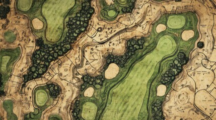 Aerial view of a golf course, showing greens, fairways, and bunkers in a vintage style illustration.