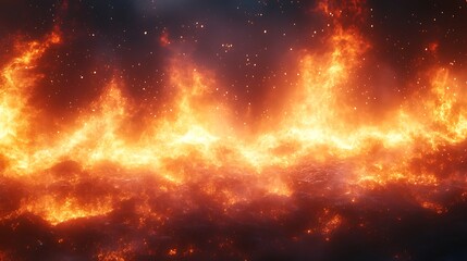 Flames dancing fiercely with smoke rising under a turbulent cloudy background wallpaper image