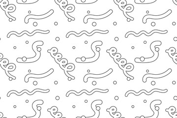 Black and white seamless pattern featuring abstract swirls, wavy lines, and dots. Ideal for childrens coloring pages, backgrounds, and creative designs.
