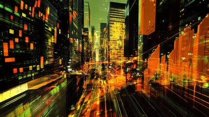 Abstract Cityscape with Neon Lights and Digital Effects at Night