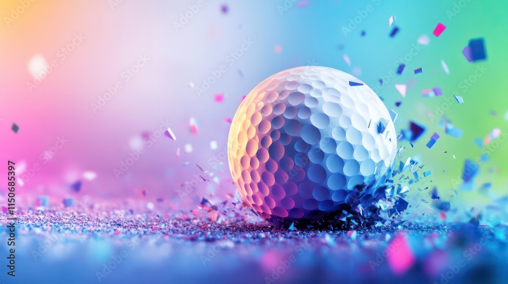 Poster golf ball exploding in vibrant color splash.