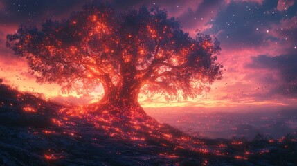 Fototapeta premium A majestic tree illuminated by fiery lights against a vibrant sunset sky.