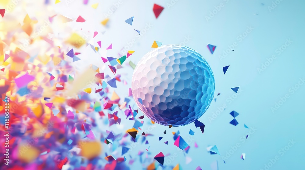 Poster Abstract golf ball exploding with colorful geometric shapes.