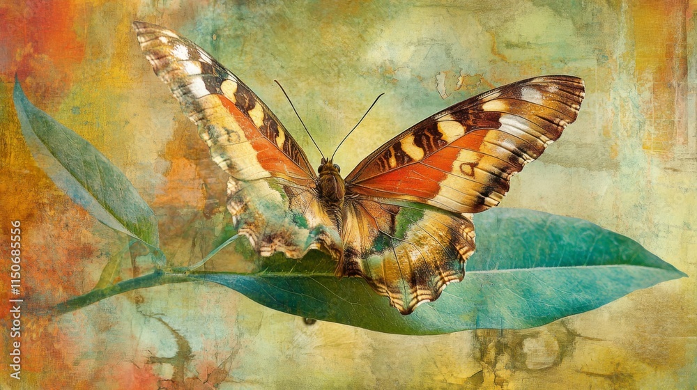Poster vibrant butterfly on a leaf with abstract background colors
